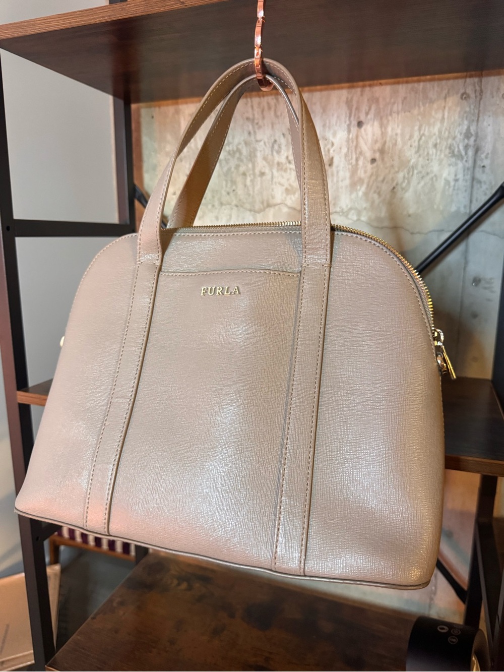 Furla Taupe Leather Dome Satchel w crossbody strap